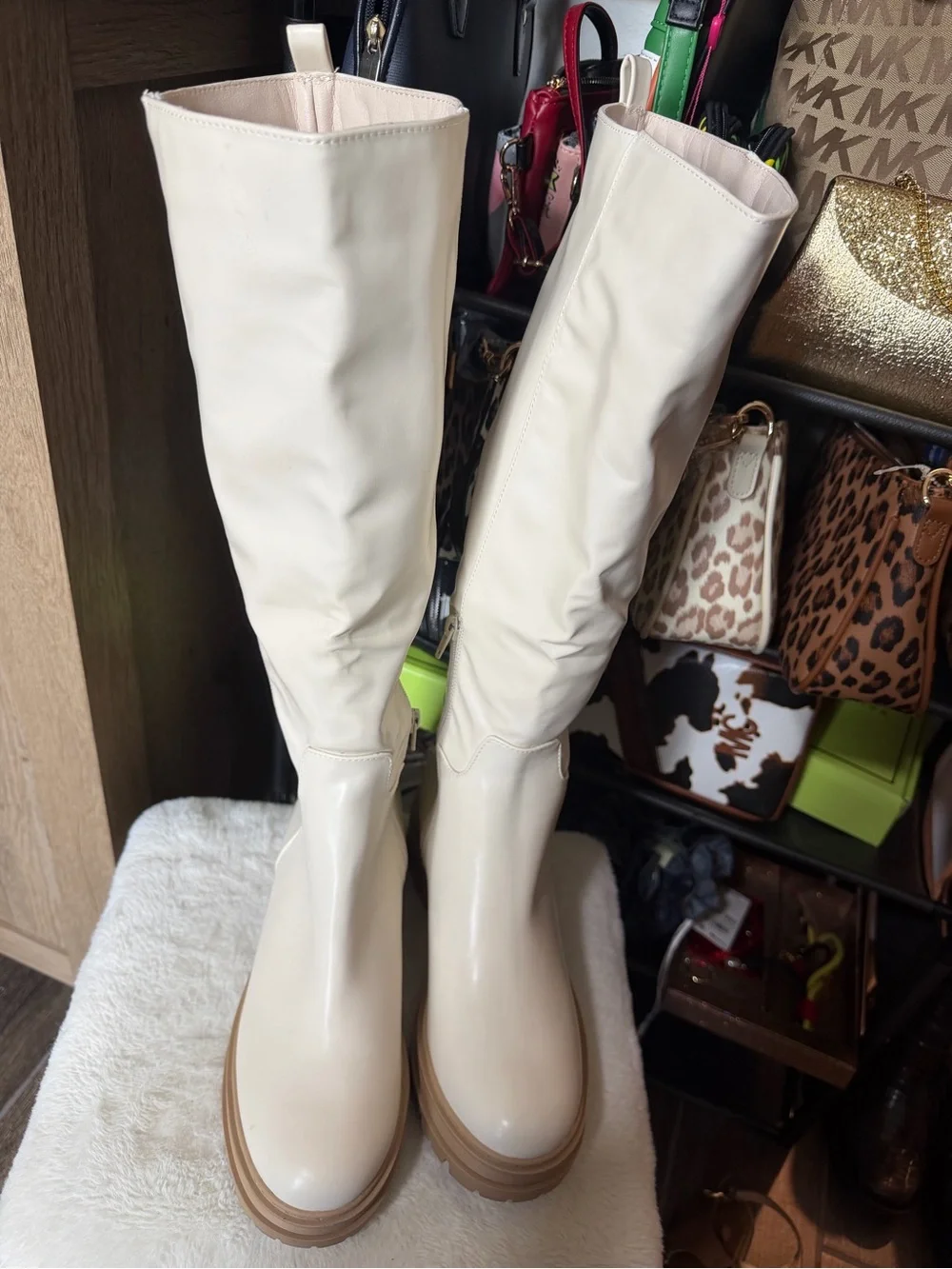 Women's Cream Color Block Herl Boots with Side Zip